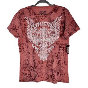 Affliction Pink Embellished Short Sleeve Tee with Snakeskin Print NWT Size Large
